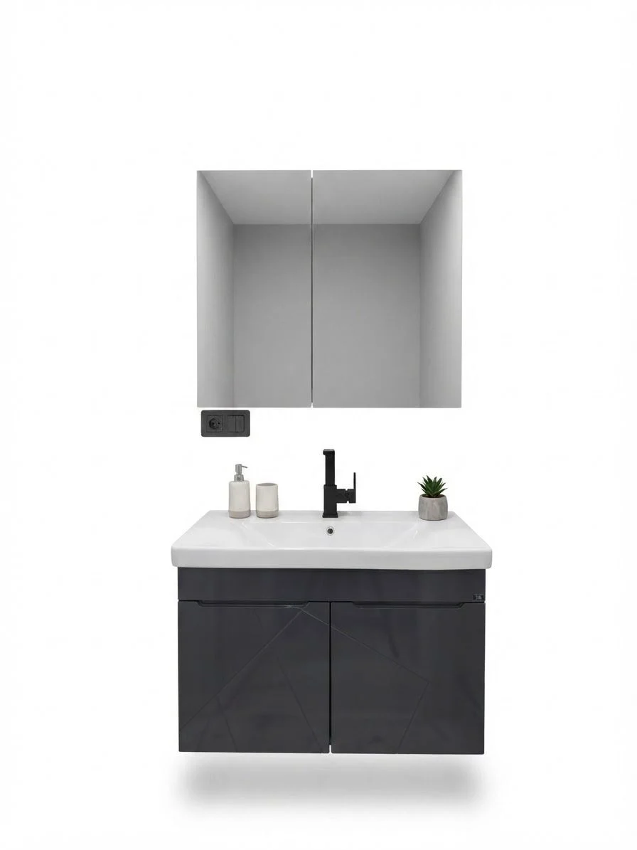 65 cm genişliğinde membran kapaklı antrasit banyo dolabı