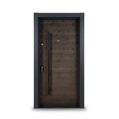 Koyu ahşap dokulu modern çelik kapı