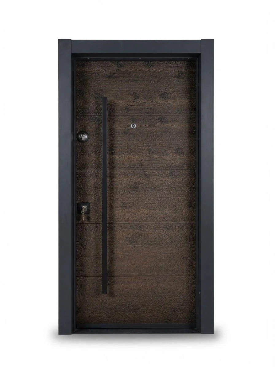 Koyu ahşap dokulu modern çelik kapı